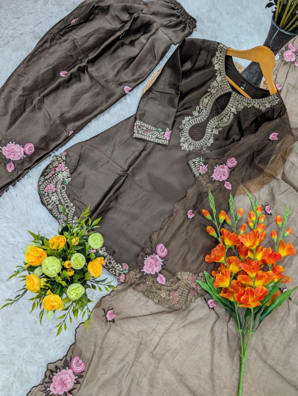 Premium Coffee Embroidered Ethnic Suit Set