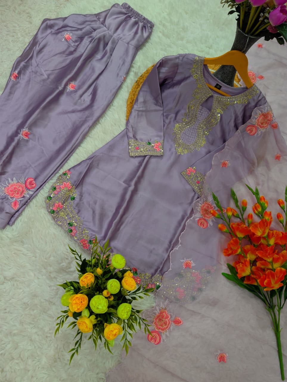 Purple Embroidered Designer Suit Set