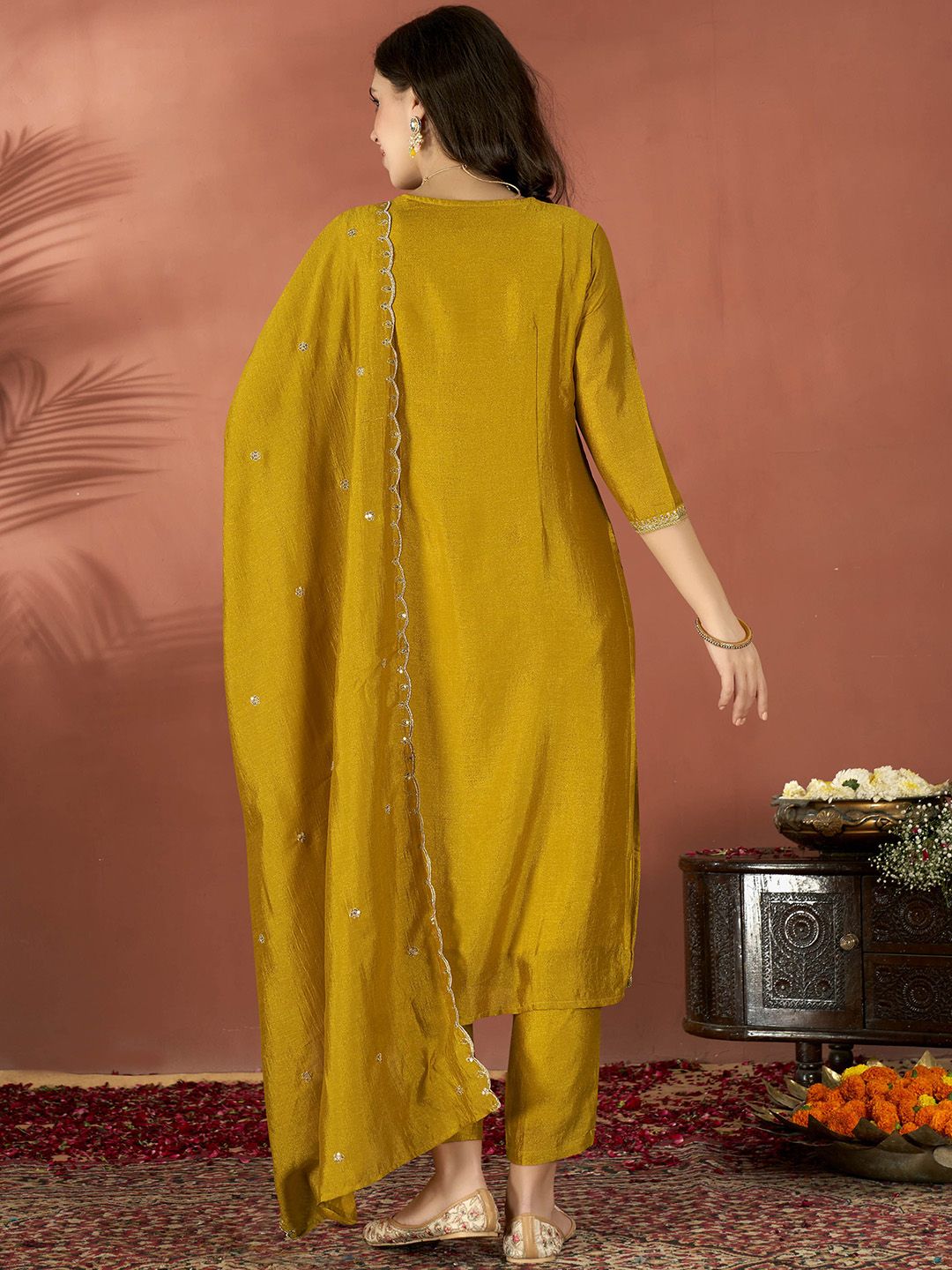 Mustard Embroidered Vichitra Suit Set