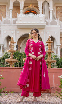 Rani Pink Floral Printed Chanderi Kurta Set