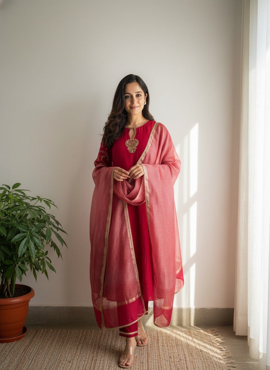 Red Viscose Chanderi Embroidered Kurta Set
