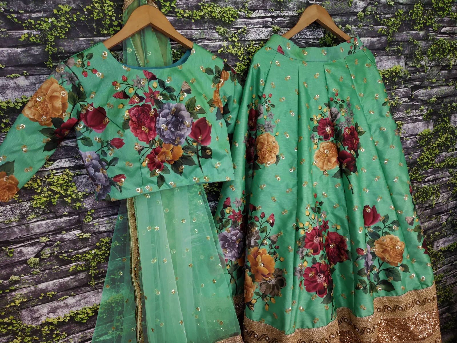 Green Fine Art Silk Pearl Embroidered Lehenga Set