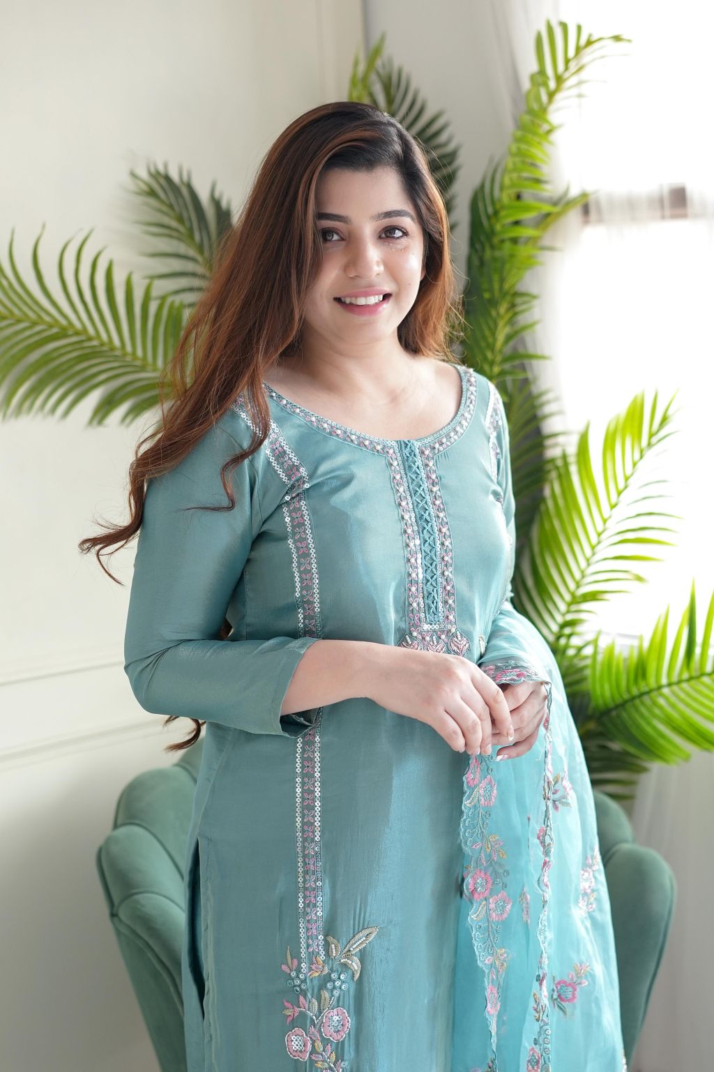 Azurea Sky Blue Pure Chinon Suit Set