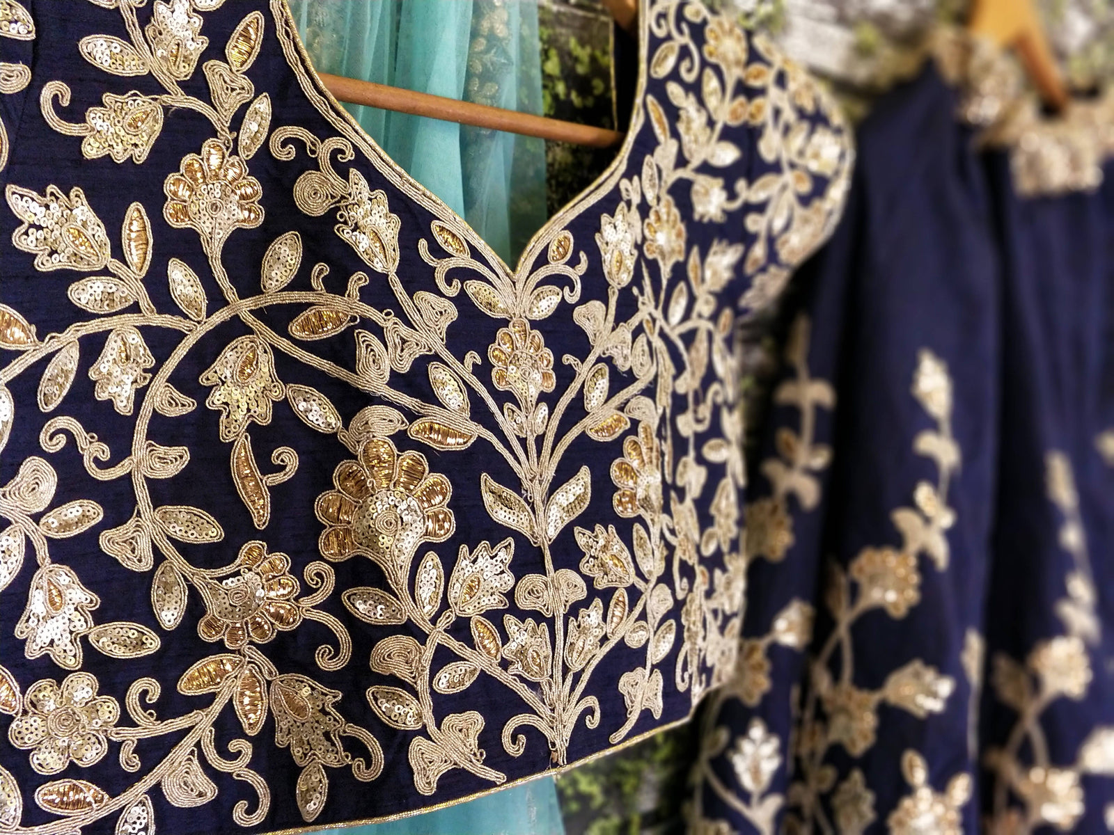 Navy Blue Raw Silk Embroidered Bridal Lehenga Choli
