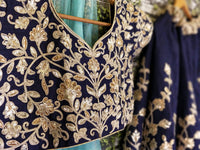 Navy Blue Raw Silk Embroidered Bridal Lehenga Choli