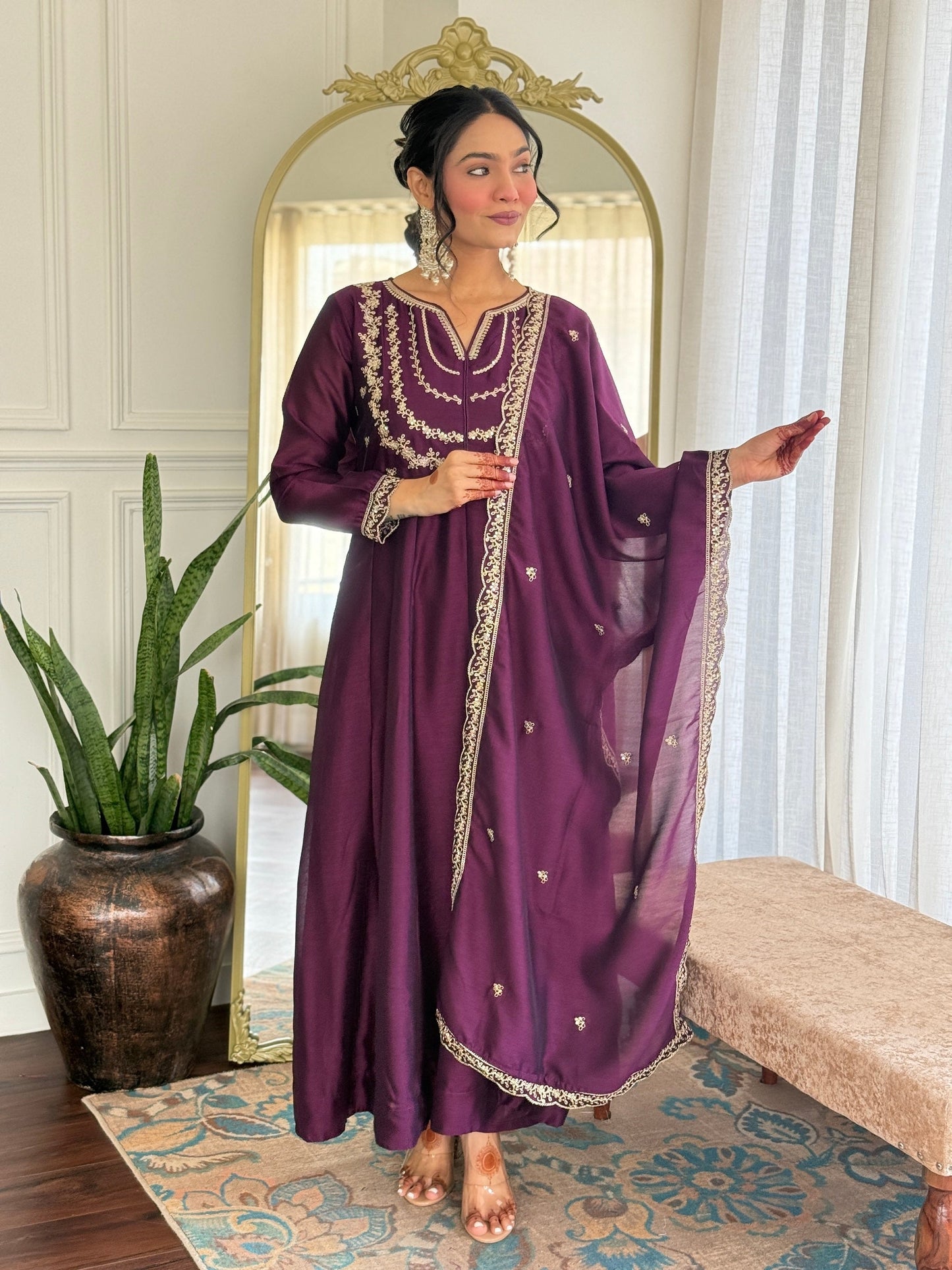 Embroidered Vichitra Silk Anarkali Suit Set