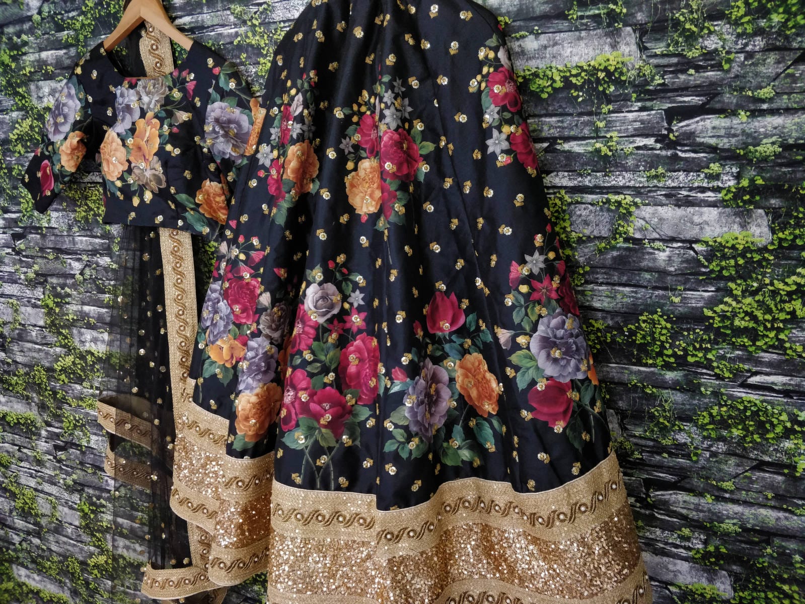 Black Fine Art Silk Pearl Embroidered Lehenga Set