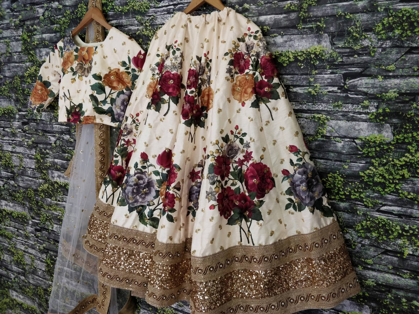 Cream Fine Art Silk Pearl Embroidered Lehenga Set