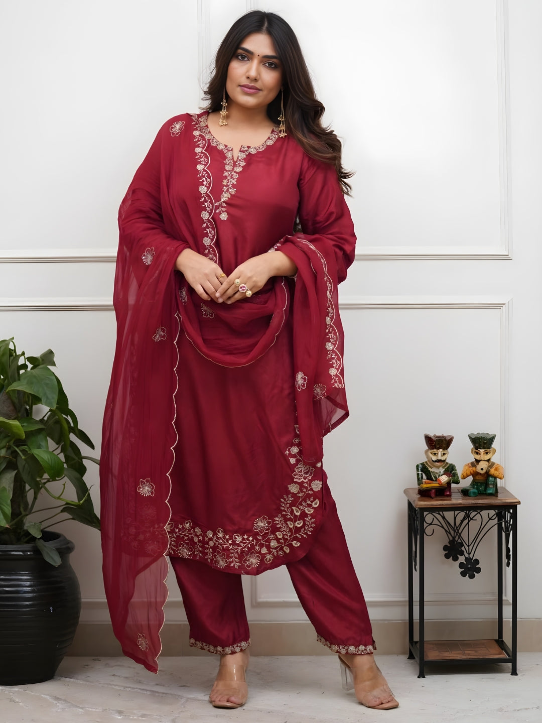 Maroon Viscose Chanderi Embroidered Kurta Set