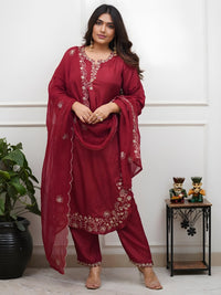 Maroon Viscose Chanderi Embroidered Kurta Set