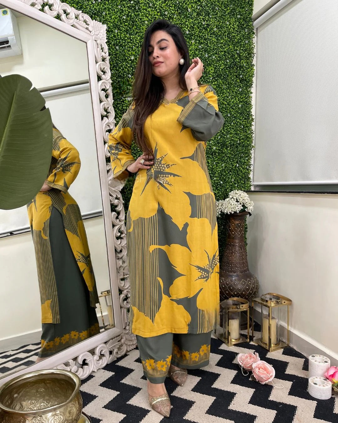 Mustard Bloom Embroidered Rayon Co-Ord Set