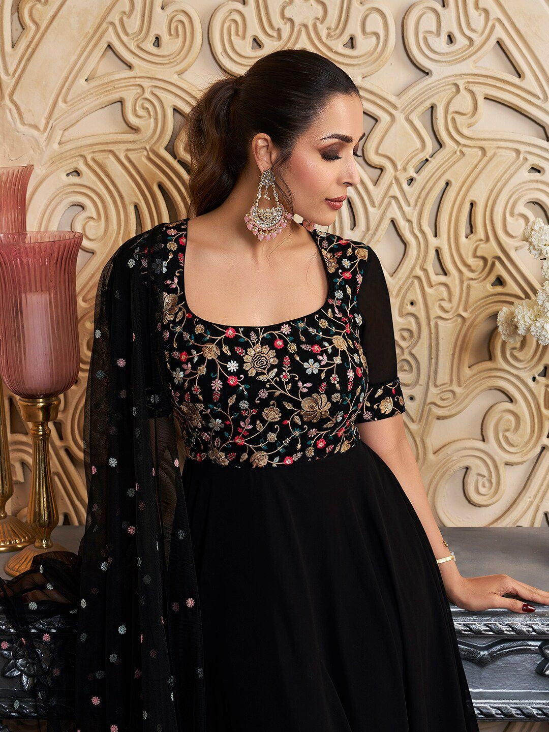 Black Embroidered Georgette Anarkali Kurta Set