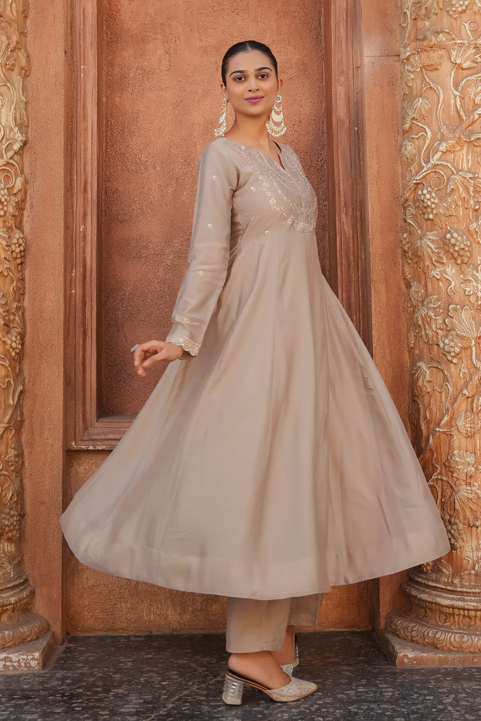 Beige Embroidered Vichitra Silk Sharara Suit Set