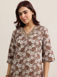 Brown Printed Magic Cotton Kurta Set