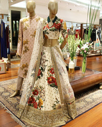 Cream Fine Art Silk Pearl Embroidered Lehenga Set