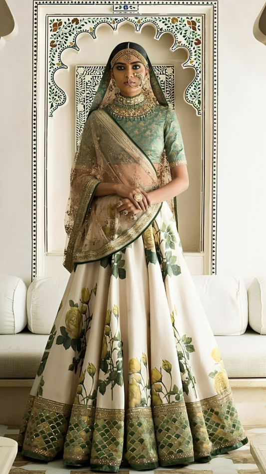 Ivory Floral Art Silk Designer Lehenga Choli