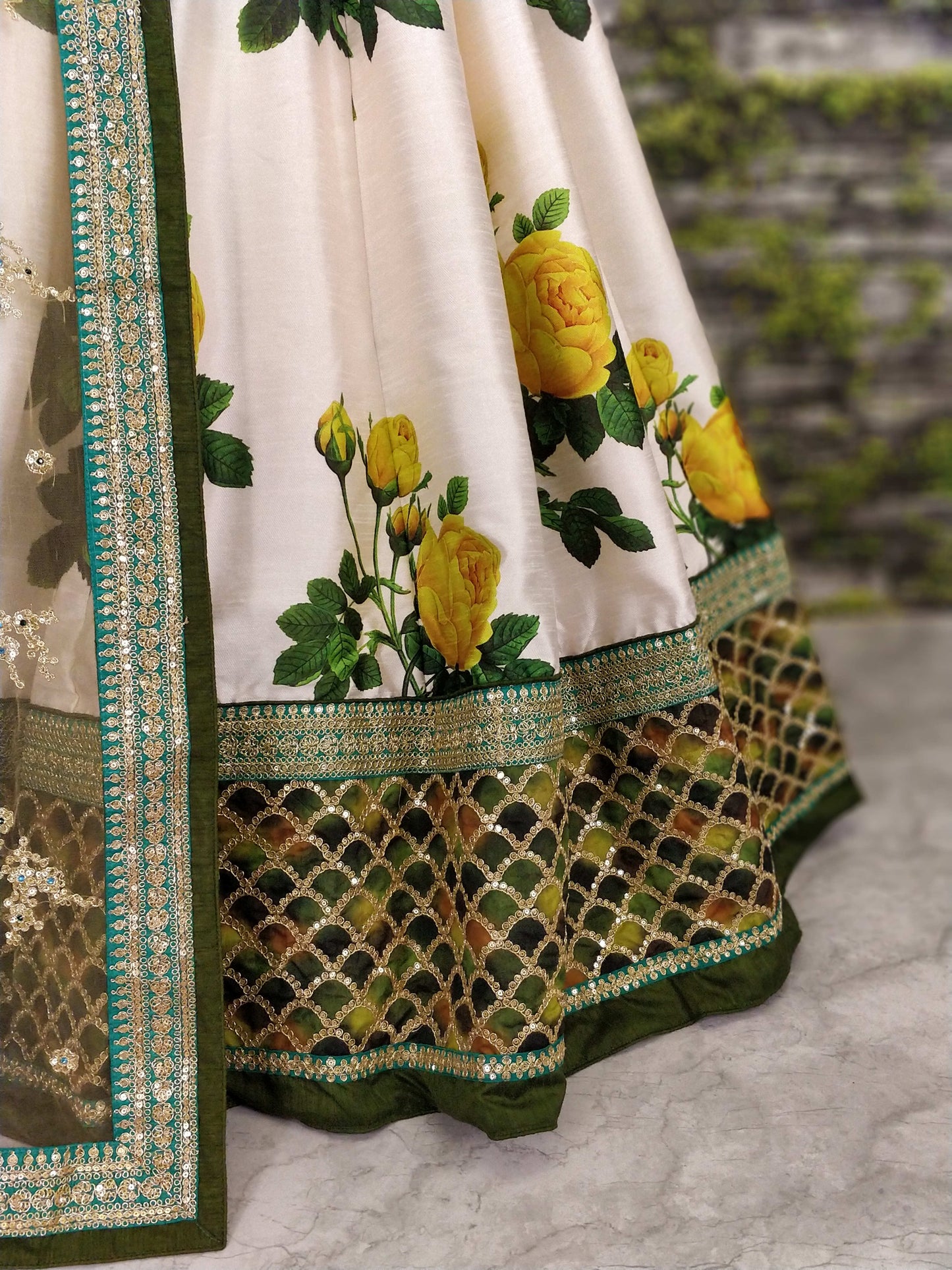 Ivory Floral Art Silk Designer Lehenga Choli