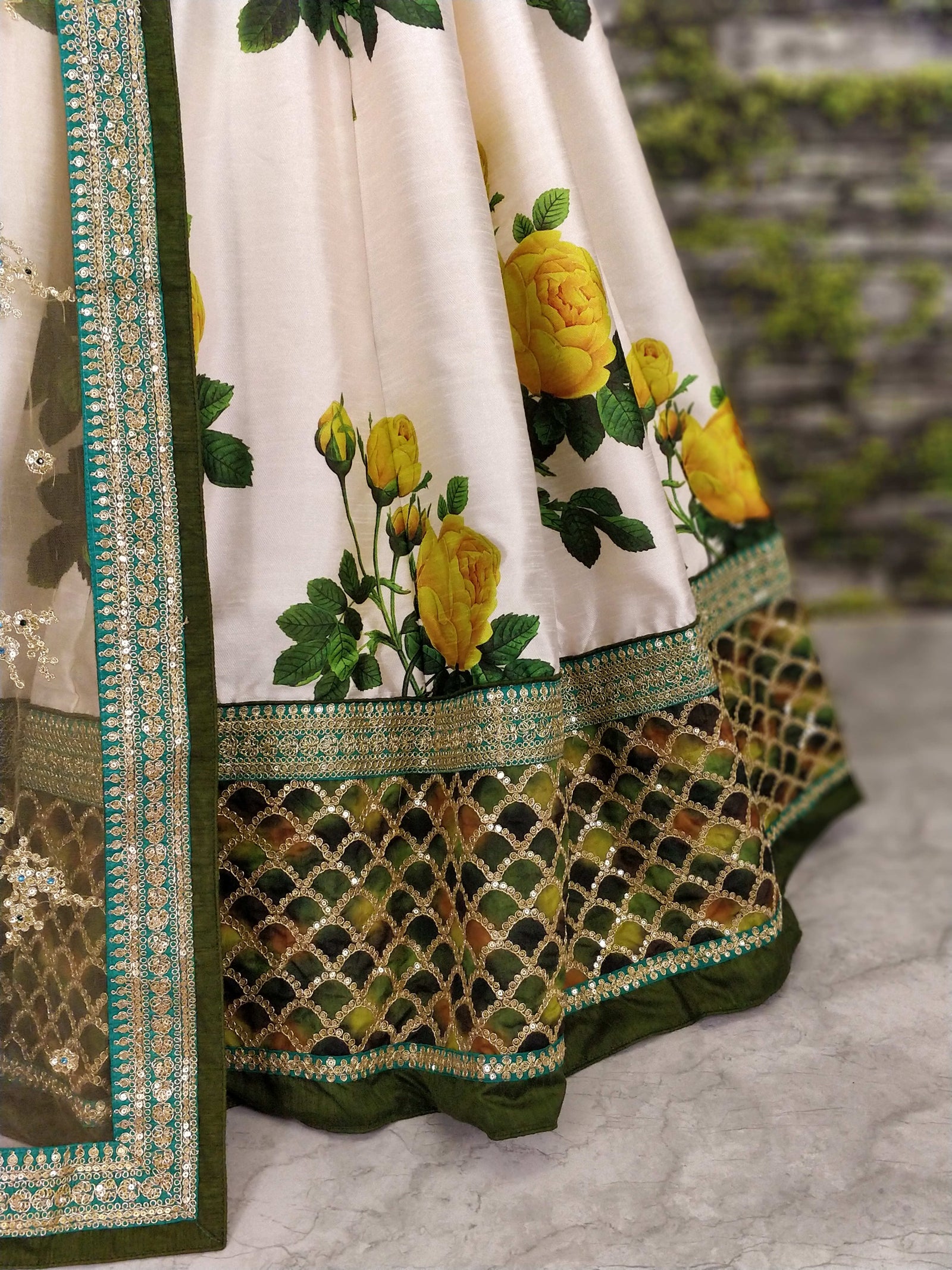 Ivory Floral Art Silk Designer Lehenga Choli