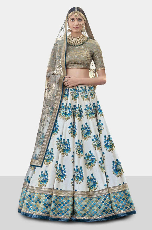 Grey Art Silk Floral Embroidered Lehenga Choli