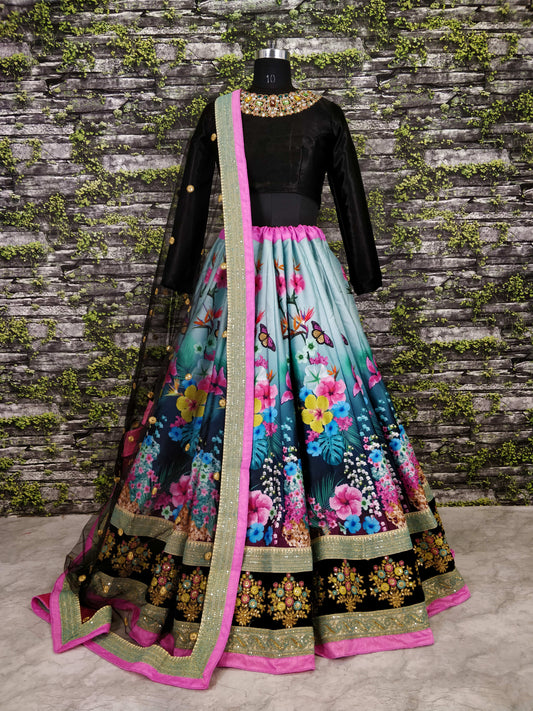 Black Floral Art Silk Lehenga Choli
