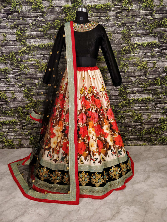 Red Floral Art Silk Lehenga Choli