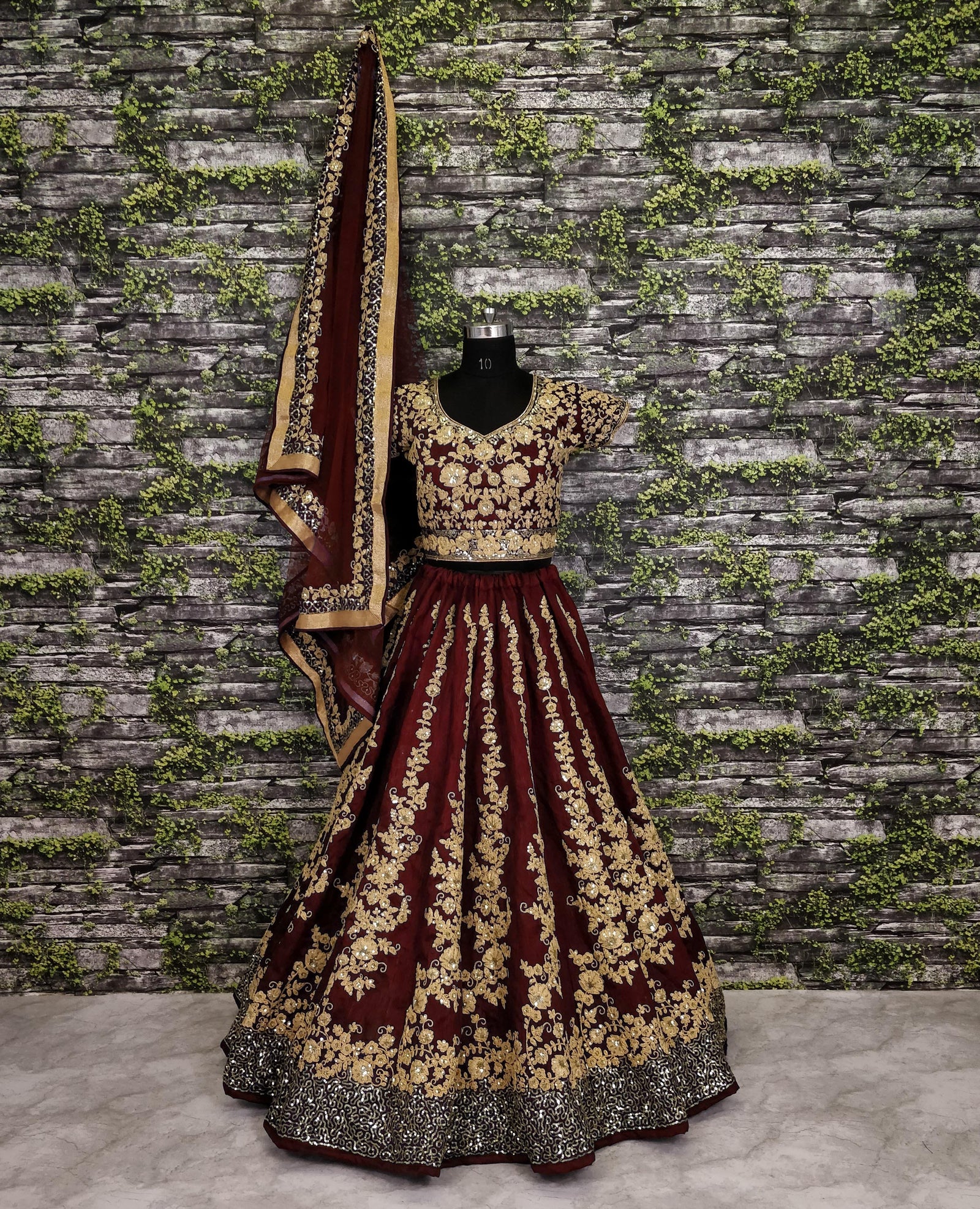 Maroon Raw Silk Embroidered Bridal Lehenga Choli