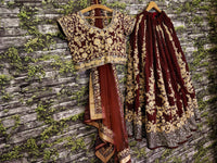 Maroon Raw Silk Embroidered Bridal Lehenga Choli