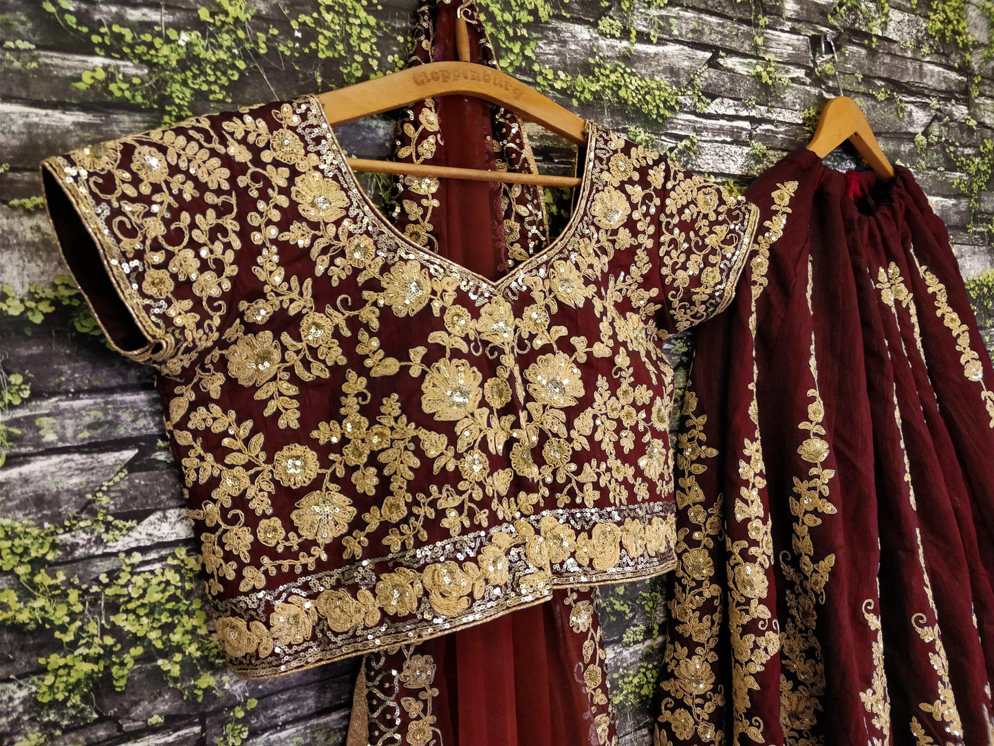 Maroon Raw Silk Embroidered Bridal Lehenga Choli