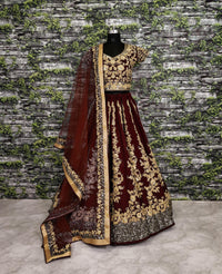 Maroon Raw Silk Embroidered Bridal Lehenga Choli