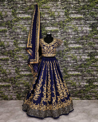Blue Raw Silk Embroidered Bridal Lehenga Choli