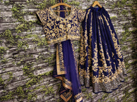 Blue Raw Silk Embroidered Bridal Lehenga Choli