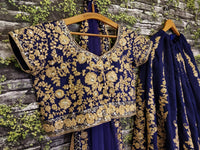 Blue Raw Silk Embroidered Bridal Lehenga Choli