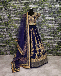 Blue Raw Silk Embroidered Bridal Lehenga Choli