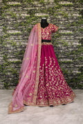 Pinkish Red Raw Silk Embroidered Bridal Lehenga Choli