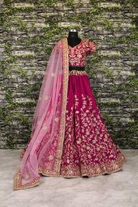 Pinkish Red Raw Silk Embroidered Bridal Lehenga Choli