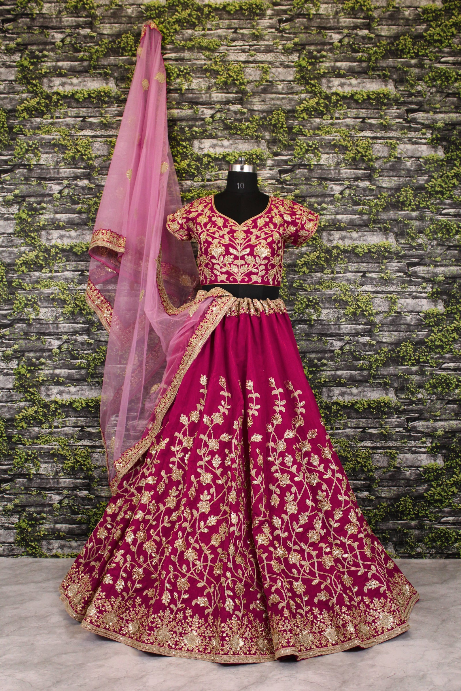 Pinkish Red Raw Silk Embroidered Bridal Lehenga Choli