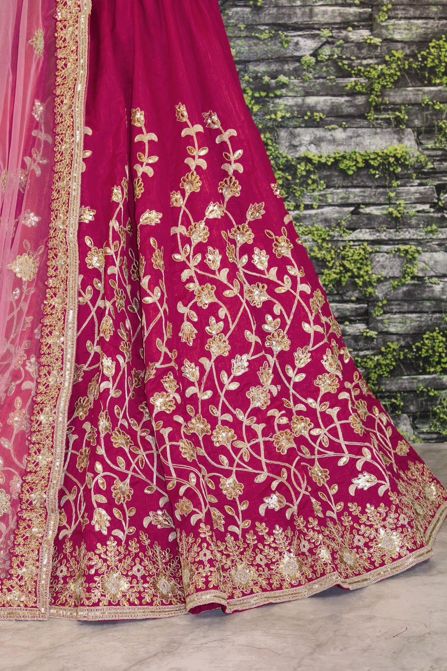 Pinkish Red Raw Silk Embroidered Bridal Lehenga Choli