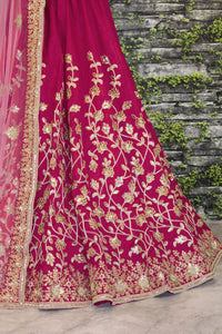 Pinkish Red Raw Silk Embroidered Bridal Lehenga Choli