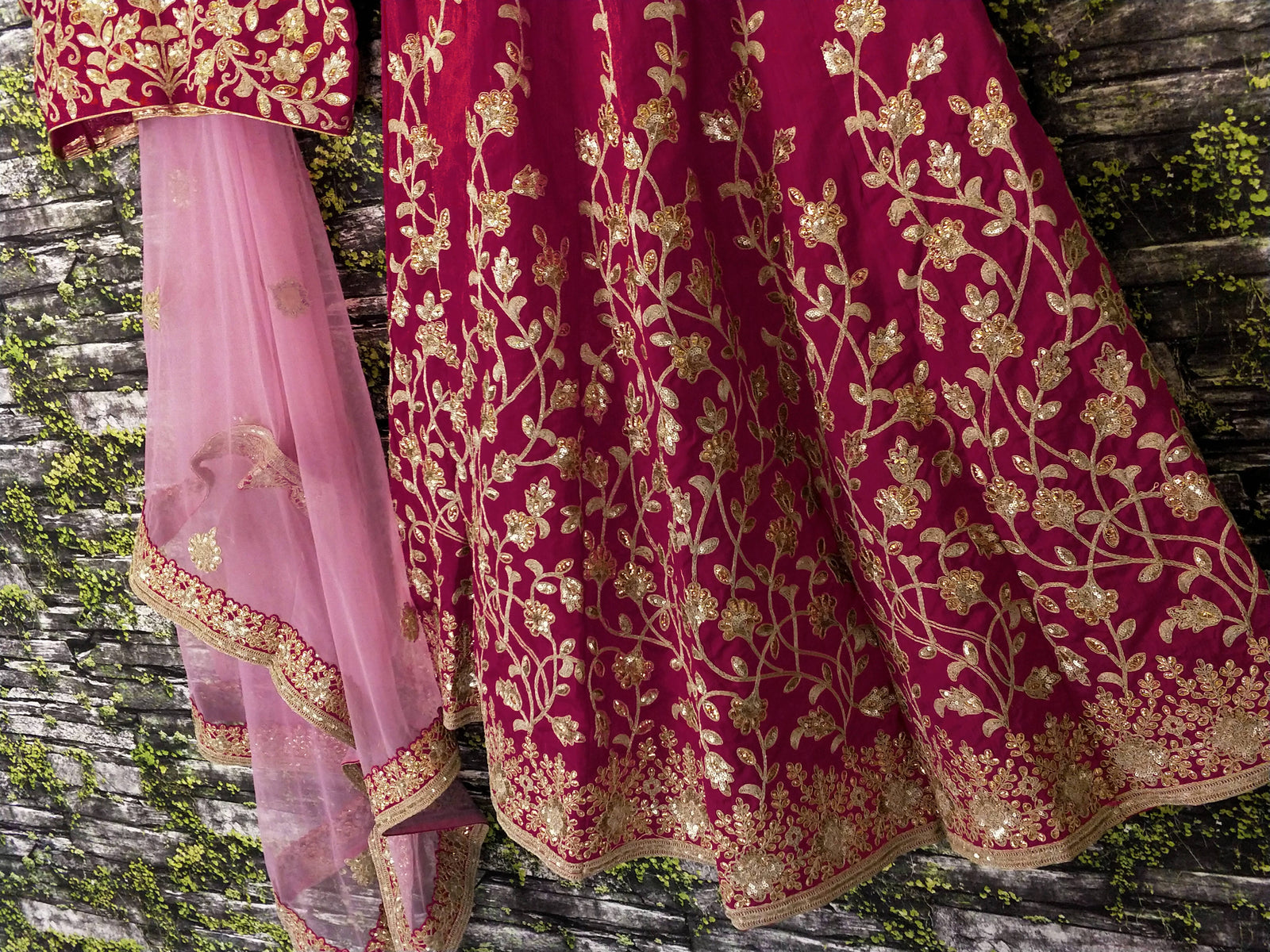 Pinkish Red Raw Silk Embroidered Bridal Lehenga Choli