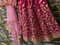Pinkish Red Raw Silk Embroidered Bridal Lehenga Choli