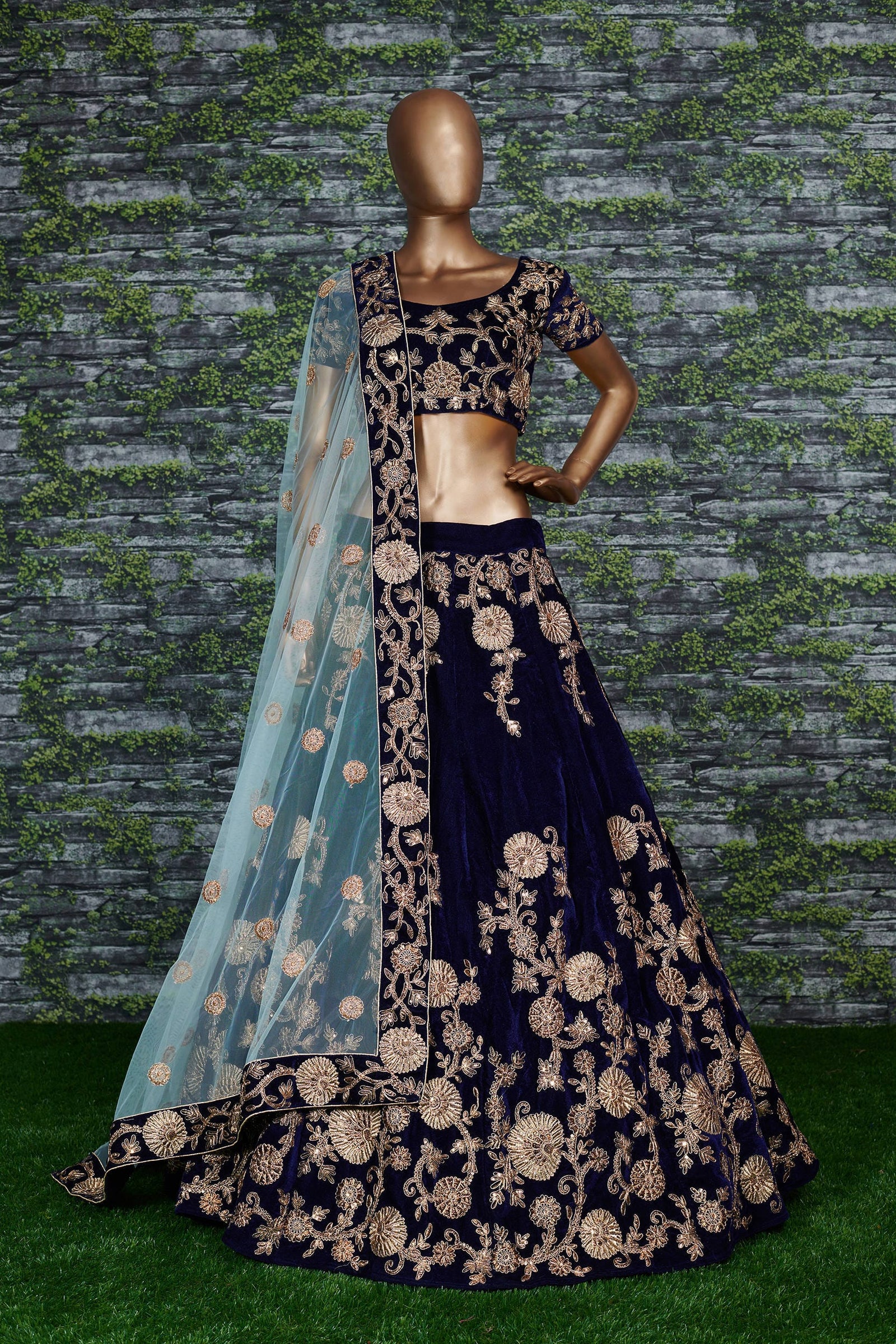 Midnight Royale Blue Velvet Bridal Lehenga Choli