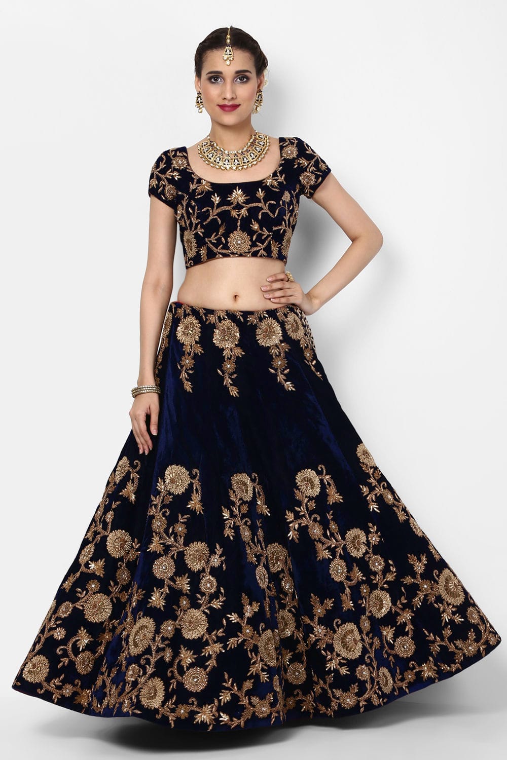 Midnight Royale Blue Velvet Bridal Lehenga Choli