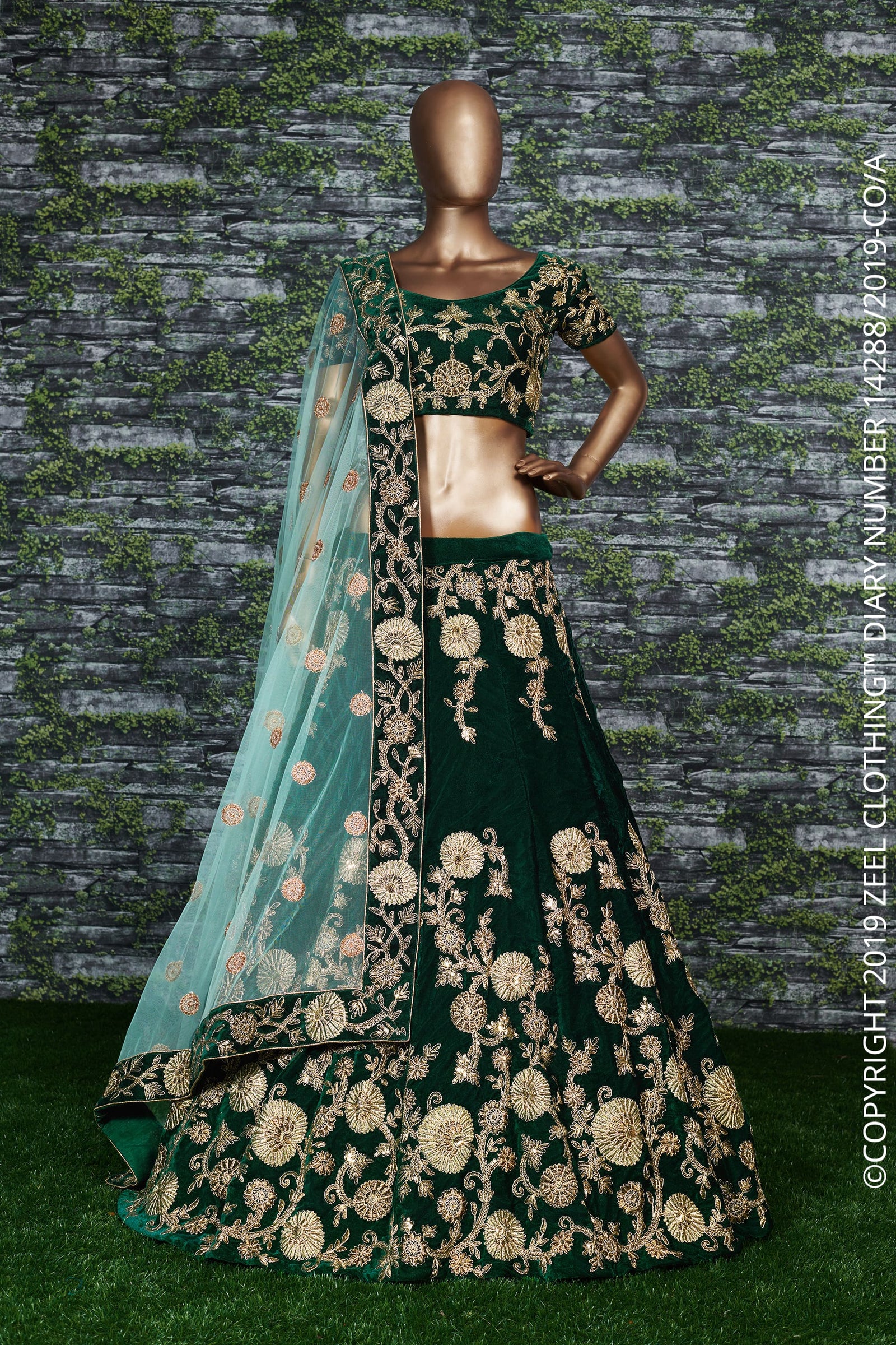 Emerald Green Velvet Bridal Lehenga Choli