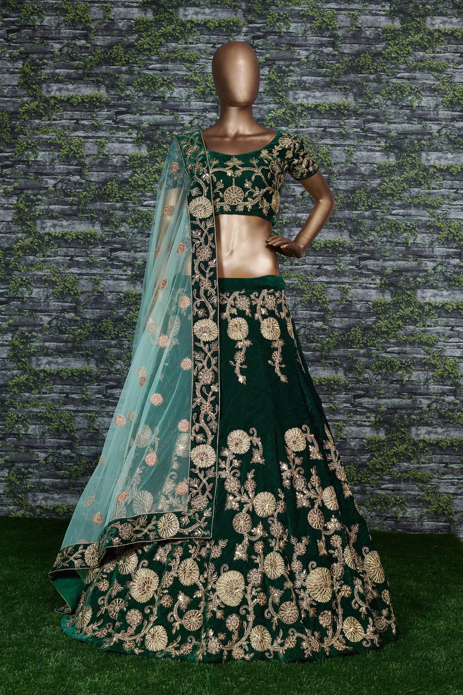 Emerald Green Velvet Bridal Lehenga Choli