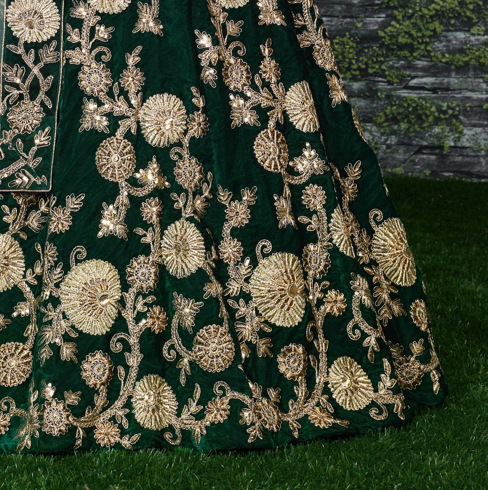 Emerald Green Velvet Bridal Lehenga Choli