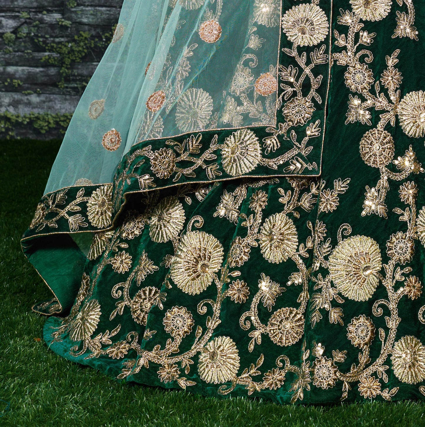 Emerald Green Velvet Bridal Lehenga Choli