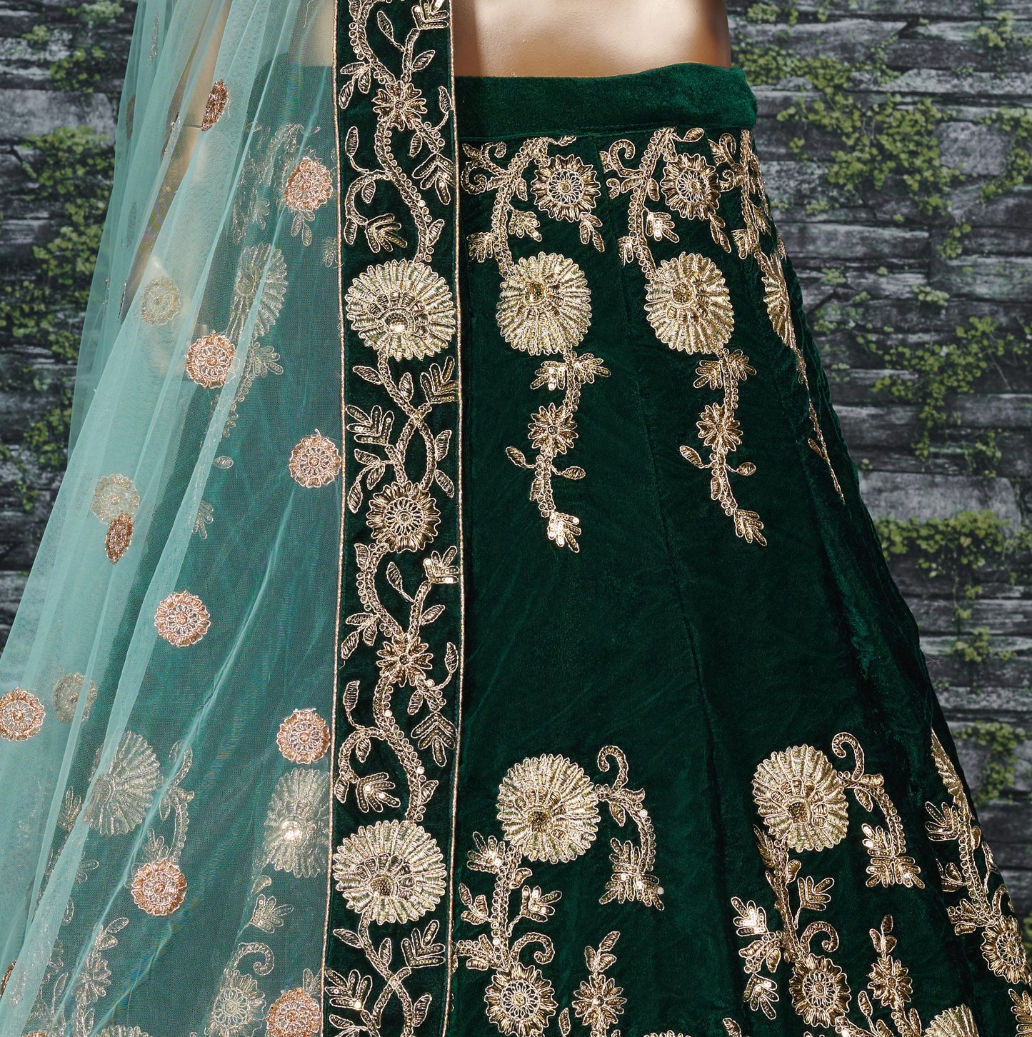 Emerald Green Velvet Bridal Lehenga Choli