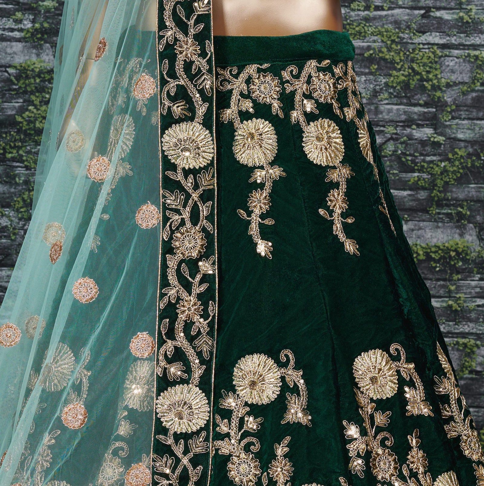 Emerald Green Velvet Bridal Lehenga Choli
