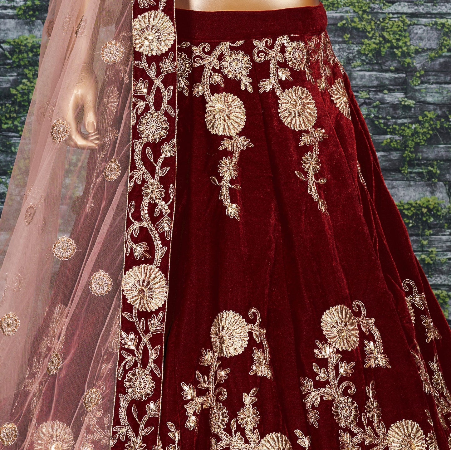 Crimson Marron Velvet Bridal Lehenga Choli