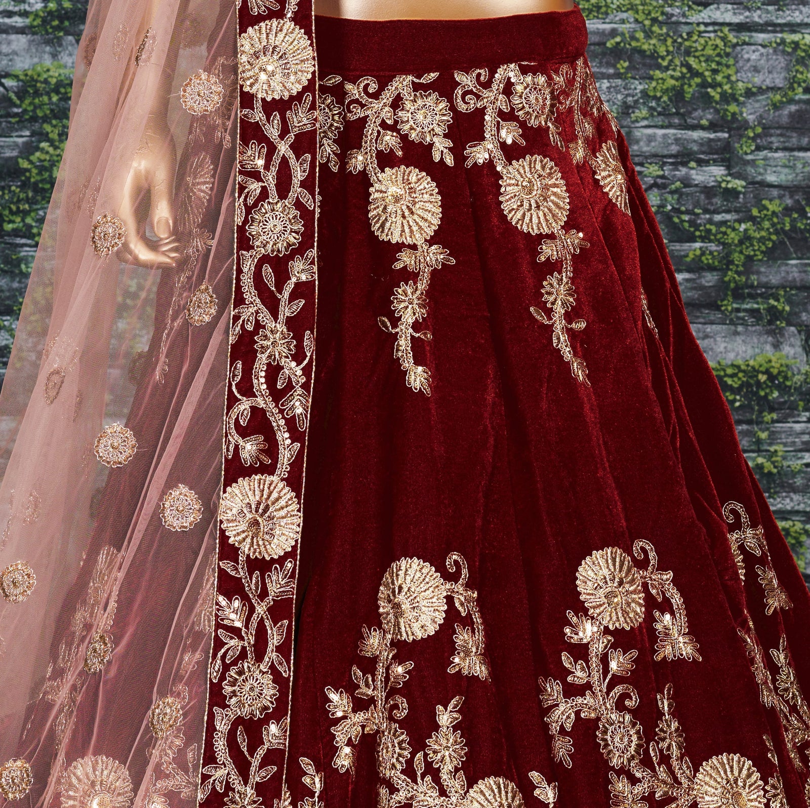 Crimson Marron Velvet Bridal Lehenga Choli